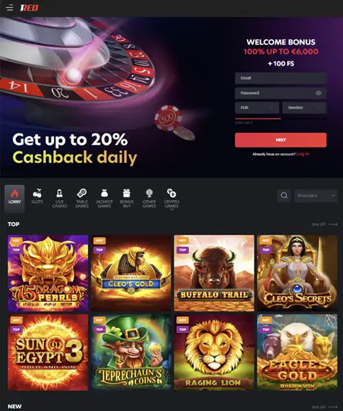 1Red Casino screenshot casino lobby with slot games, live dealer tables, payment options, and user interface elements