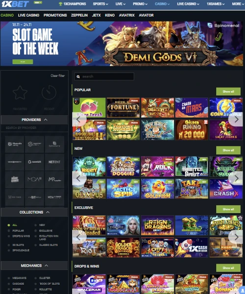 1xBet screenshot casino lobby with slot games, live dealer tables, payment options, and user interface elements