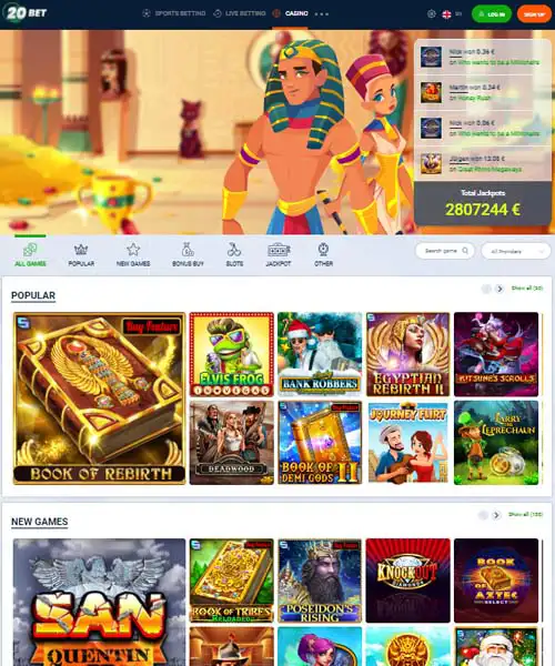 20Bet Casino screenshot casino lobby with slot games, live dealer tables, payment options, and user interface elements