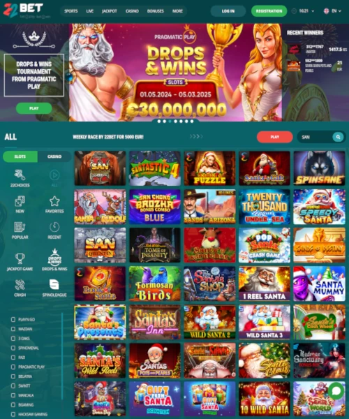 22Bet Casino screenshot casino lobby with slot games, live dealer tables, payment options, and user interface elements