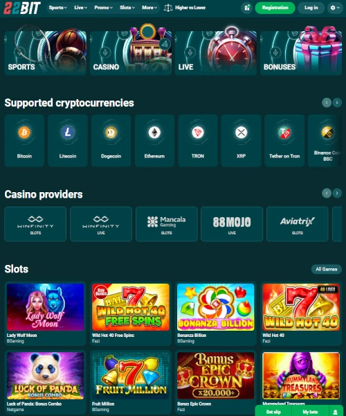 22Bit Casino screenshot casino lobby with slot games, live dealer tables, payment options, and user interface elements