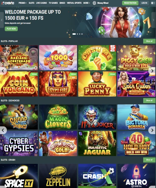 22Casino screenshot casino lobby with slot games, live dealer tables, payment options, and user interface elements