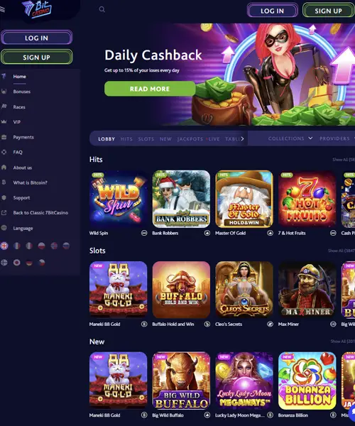 7bit Casino screenshot casino lobby with slot games, live dealer tables, payment options, and user interface elements