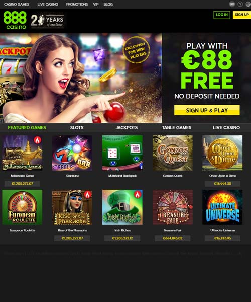 888 Casino screenshot casino lobby with slot games, live dealer tables, payment options, and user interface elements