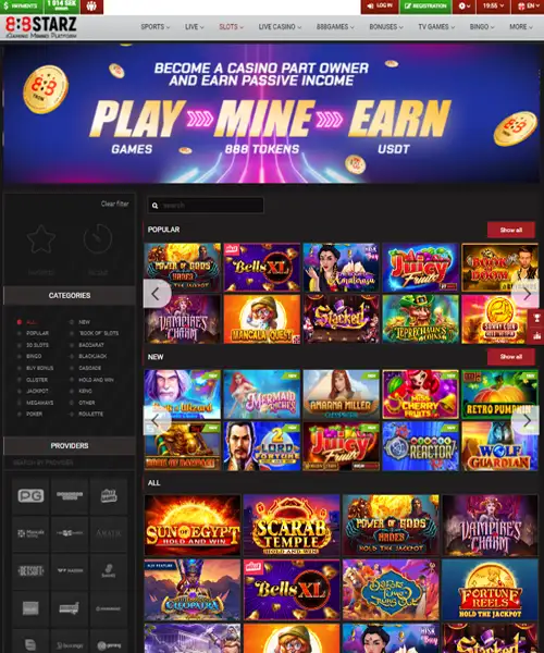 888Starz Casino screenshot casino lobby with slot games, live dealer tables, payment options, and user interface elements