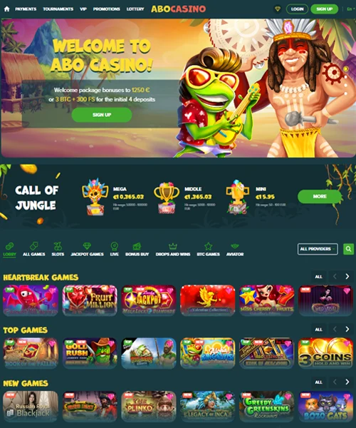 Abo Casino screenshot casino lobby with slot games, live dealer tables, payment options, and user interface elements