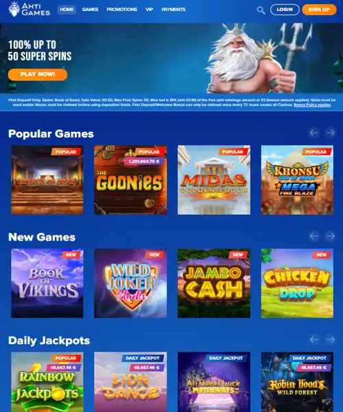 AHTI Games Casino screenshot casino lobby with slot games, live dealer tables, payment options, and user interface elements