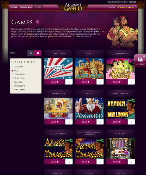 Aladdins Gold Casino screenshot casino lobby with slot games, live dealer tables, payment options, and user interface elements