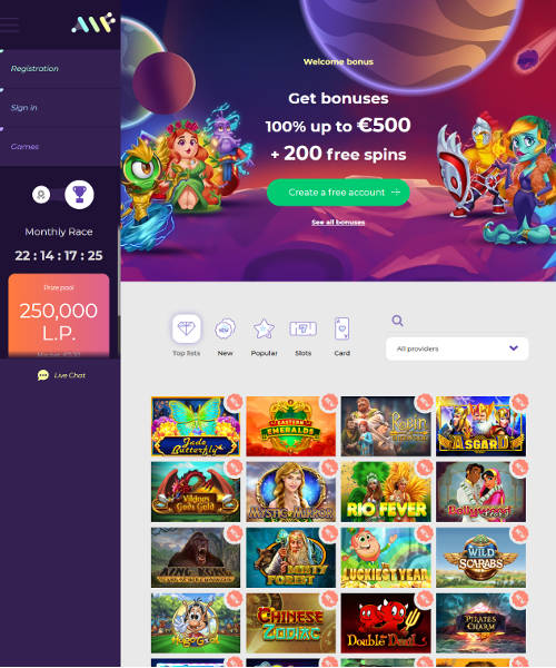 Alf Casino screenshot casino lobby with slot games, live dealer tables, payment options, and user interface elements