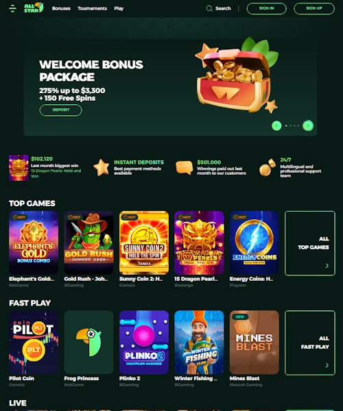 All Star Casino screenshot casino lobby with slot games, live dealer tables, payment options, and user interface elements