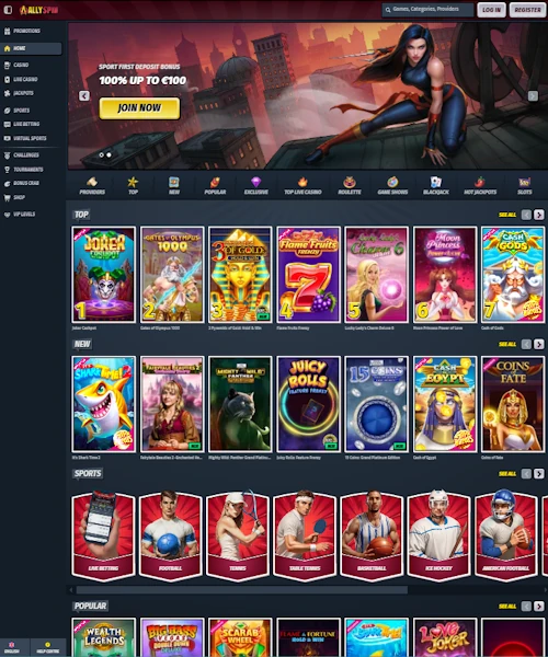 AllySpin Casino screenshot casino lobby with slot games, live dealer tables, payment options, and user interface elements
