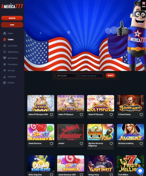 America777 Casino screenshot casino lobby with slot games, live dealer tables, payment options, and user interface elements