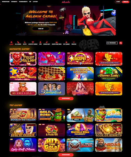 Arlekin Casino screenshot casino lobby with slot games, live dealer tables, payment options, and user interface elements