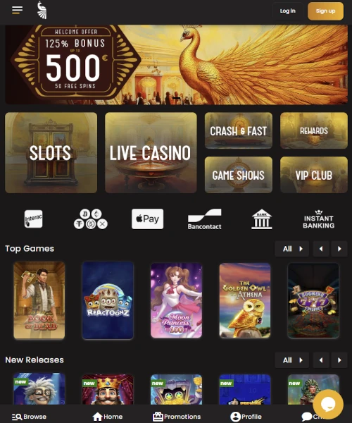 Art Casino screenshot casino lobby with slot games, live dealer tables, payment options, and user interface elements