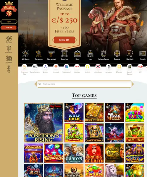 Avalon78 Casino screenshot casino lobby with slot games, live dealer tables, payment options, and user interface elements