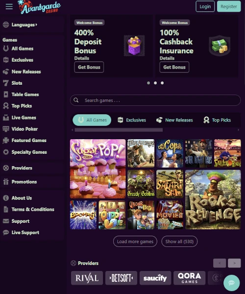 Avantgarde Casino screenshot casino lobby with slot games, live dealer tables, payment options, and user interface elements