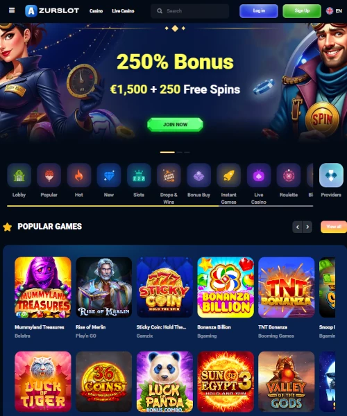 AzurSlot Casino screenshot casino lobby with slot games, live dealer tables, payment options, and user interface elements