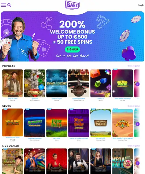 Barz Casino screenshot casino lobby with slot games, live dealer tables, payment options, and user interface elements