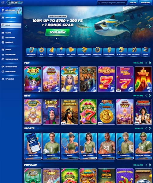 BassBet Casino screenshot casino lobby with slot games, live dealer tables, payment options, and user interface elements