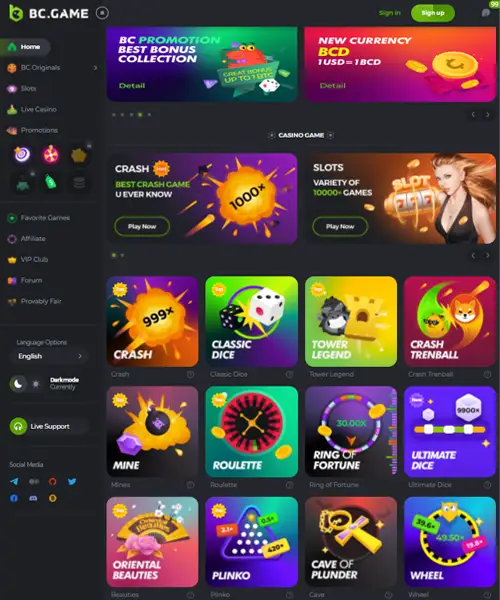 BC.Game Casino screenshot casino lobby with slot games, live dealer tables, payment options, and user interface elements