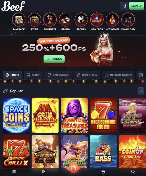 Beef Casino screenshot casino lobby with slot games, live dealer tables, payment options, and user interface elements