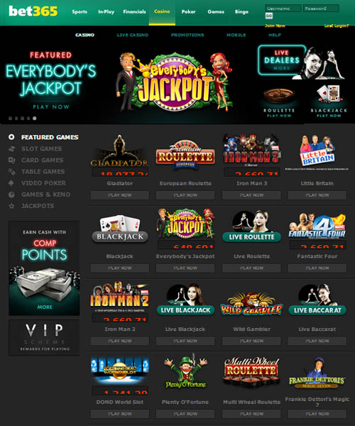 Bet365 Casino screenshot casino lobby with slot games, live dealer tables, payment options, and user interface elements