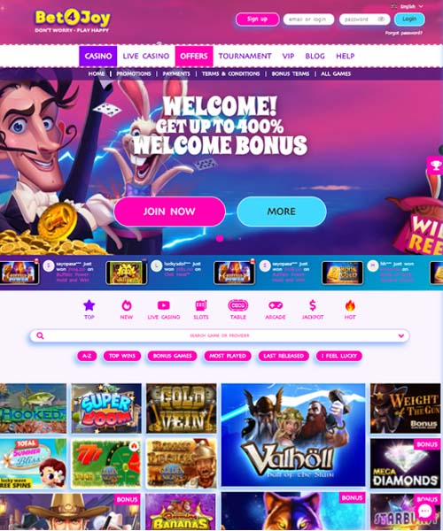 Bet4Joy Casino screenshot casino lobby with slot games, live dealer tables, payment options, and user interface elements
