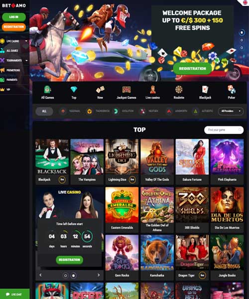 Betamo Casino screenshot casino lobby with slot games, live dealer tables, payment options, and user interface elements