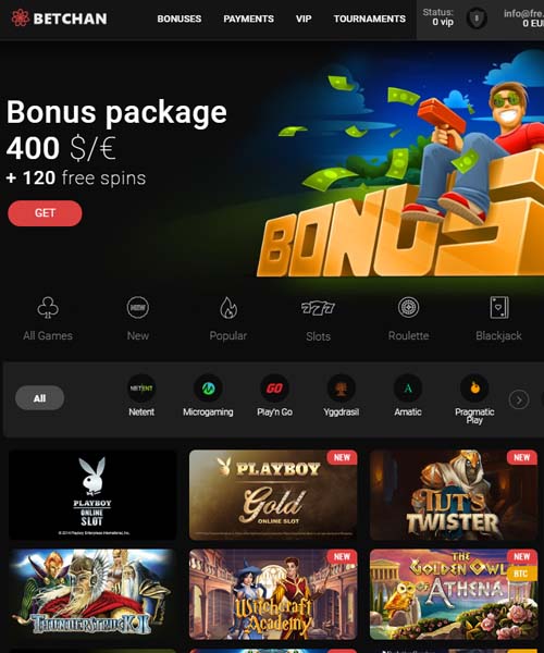 Betchan Casino screenshot casino lobby with slot games, live dealer tables, payment options, and user interface elements