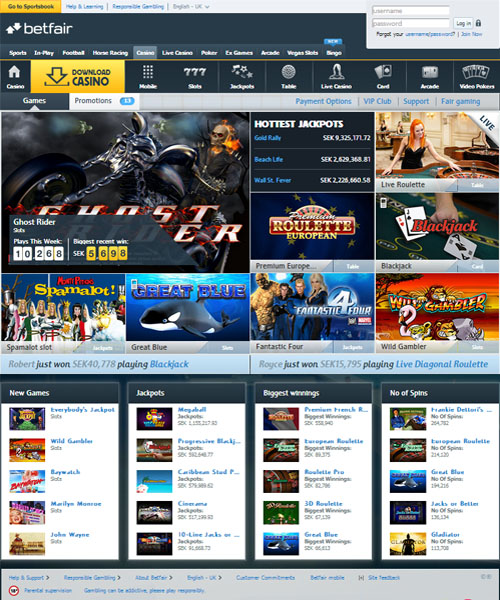 Betfair Casino screenshot casino lobby with slot games, live dealer tables, payment options, and user interface elements
