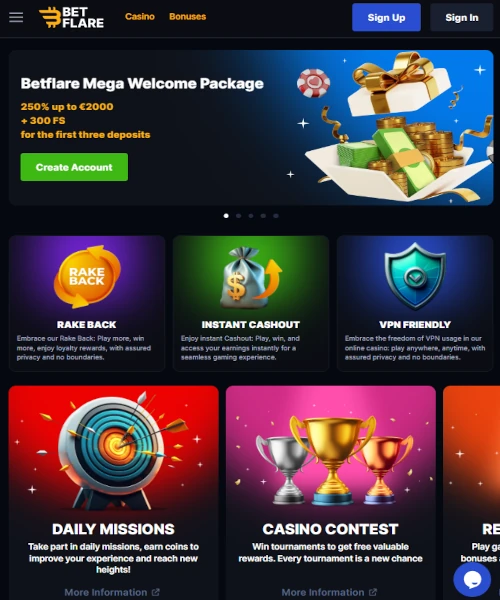 Betflare screenshot casino lobby with slot games, live dealer tables, payment options, and user interface elements