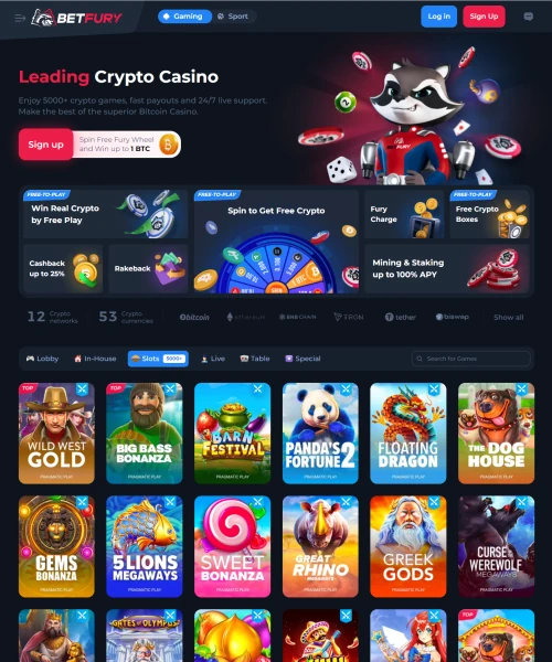 Betfury Casino screenshot casino lobby with slot games, live dealer tables, payment options, and user interface elements