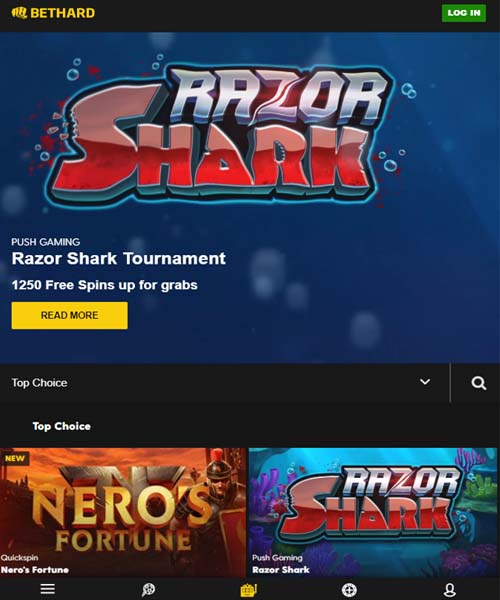 Bethard Casino screenshot casino lobby with slot games, live dealer tables, payment options, and user interface elements