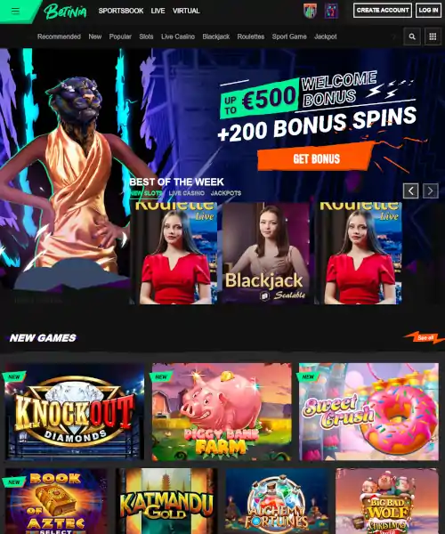 Betinia Casino screenshot casino lobby with slot games, live dealer tables, payment options, and user interface elements