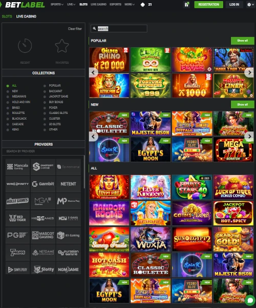 Betlabel screenshot casino lobby with slot games, live dealer tables, payment options, and user interface elements