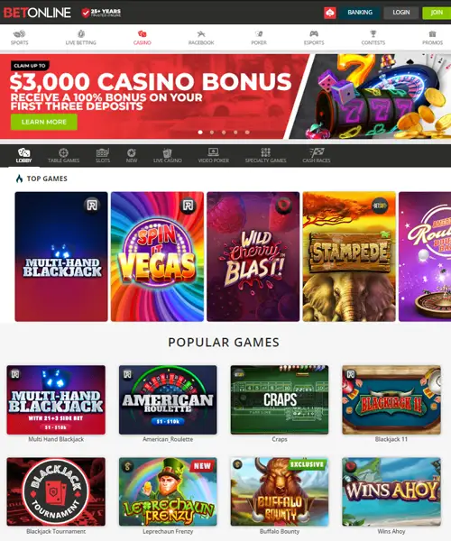 BetOnline Casino screenshot casino lobby with slot games, live dealer tables, payment options, and user interface elements