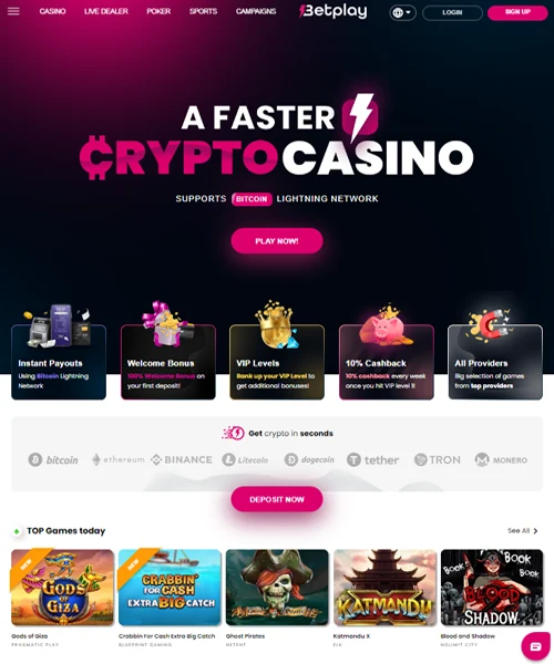 Betplay.io screenshot casino lobby with slot games, live dealer tables, payment options, and user interface elements