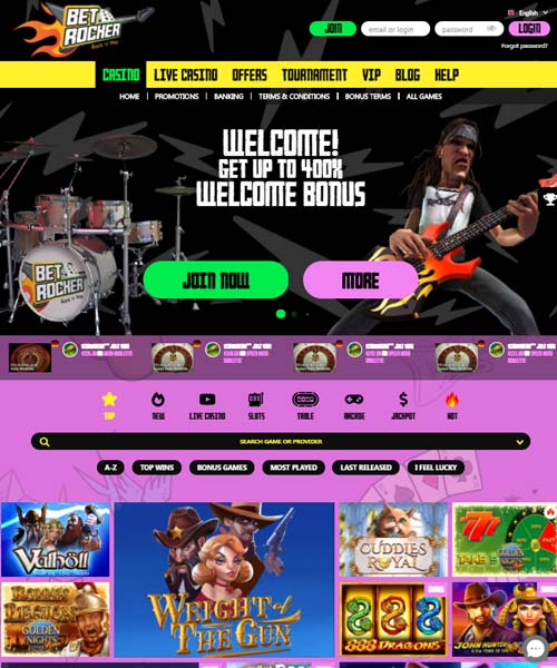 Betrocker Casino screenshot casino lobby with slot games, live dealer tables, payment options, and user interface elements