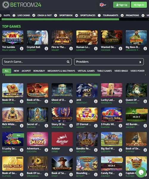 Betroom24 screenshot casino lobby with slot games, live dealer tables, payment options, and user interface elements