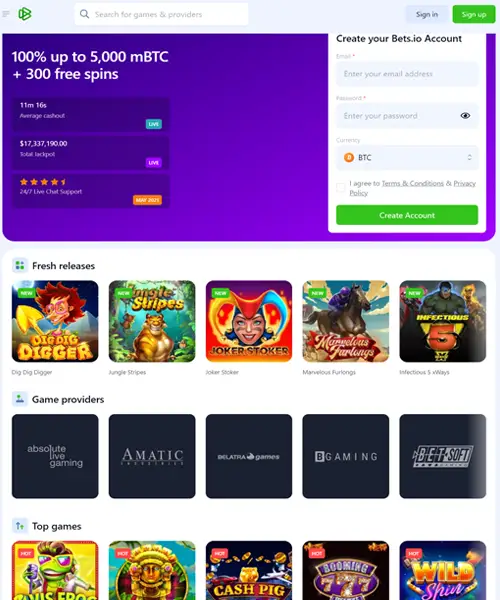 Bets.io Casino screenshot casino lobby with slot games, live dealer tables, payment options, and user interface elements