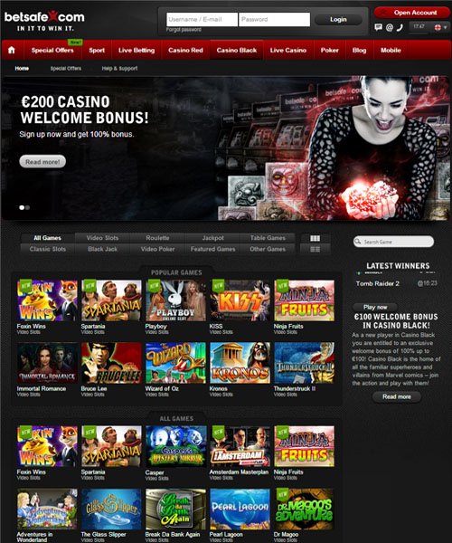 Betsafe Casino screenshot casino lobby with slot games, live dealer tables, payment options, and user interface elements