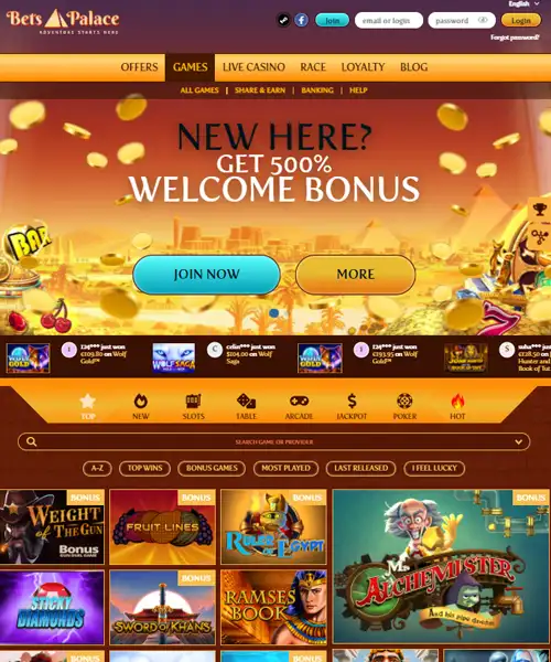 BetsPalace Casino screenshot casino lobby with slot games, live dealer tables, payment options, and user interface elements