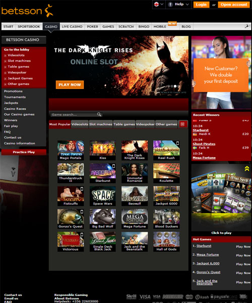 Betsson Casino screenshot casino lobby with slot games, live dealer tables, payment options, and user interface elements