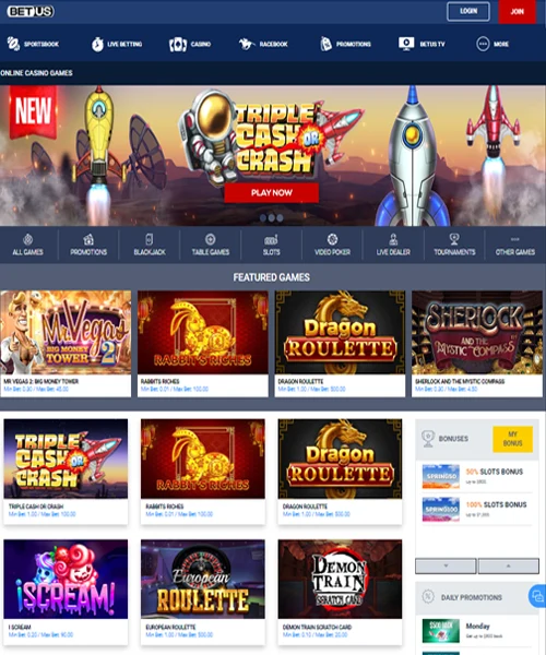 BetUS Casino screenshot casino lobby with slot games, live dealer tables, payment options, and user interface elements
