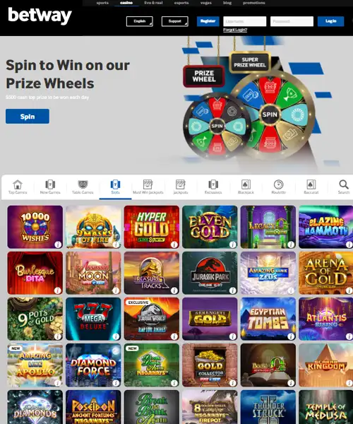 Betway Casino screenshot casino lobby with slot games, live dealer tables, payment options, and user interface elements