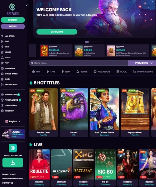 Betzard Casino screenshot casino lobby with slot games, live dealer tables, payment options, and user interface elements