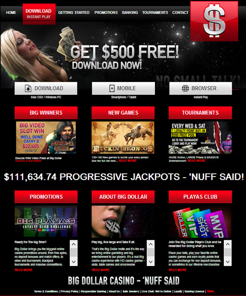 Big Dollar Casino screenshot casino lobby with slot games, live dealer tables, payment options, and user interface elements