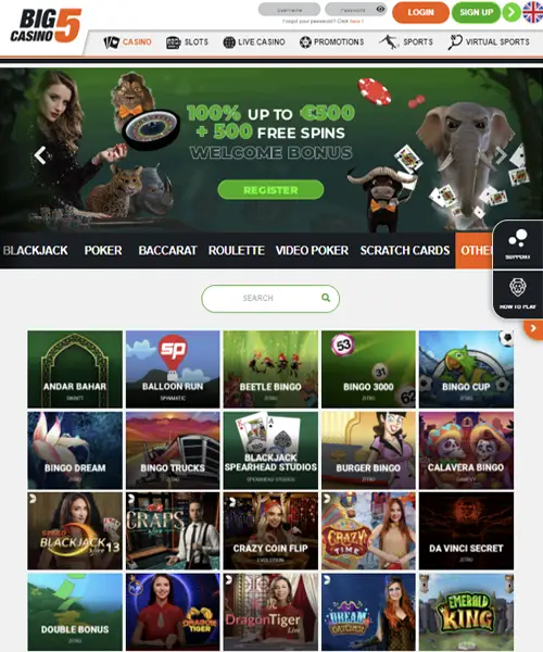 Big5Casino screenshot casino lobby with slot games, live dealer tables, payment options, and user interface elements