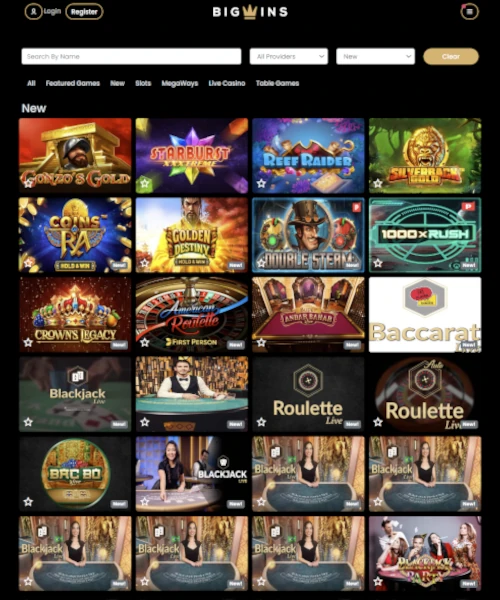 BigWins Casino screenshot casino lobby with slot games, live dealer tables, payment options, and user interface elements