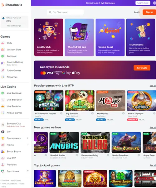 Bitcasino.io screenshot casino lobby with slot games, live dealer tables, payment options, and user interface elements